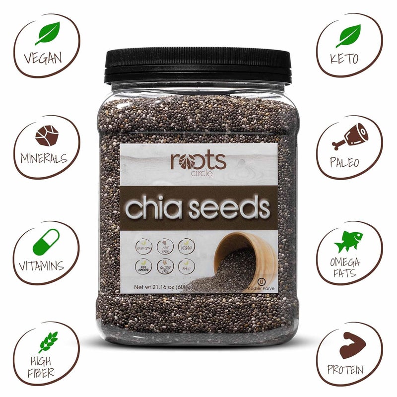 Roots Circle Non-GMO Chia Seeds | 1.3 Pound (Pack of 1) Raw Superfood, Vegan, Kosher, Nut & Gluten Free, Keto & Paleo Friendly | Add Omega 3 & Protein to your Salad, Smoothie, Oatmeal, & Acai Bowl - Image 4